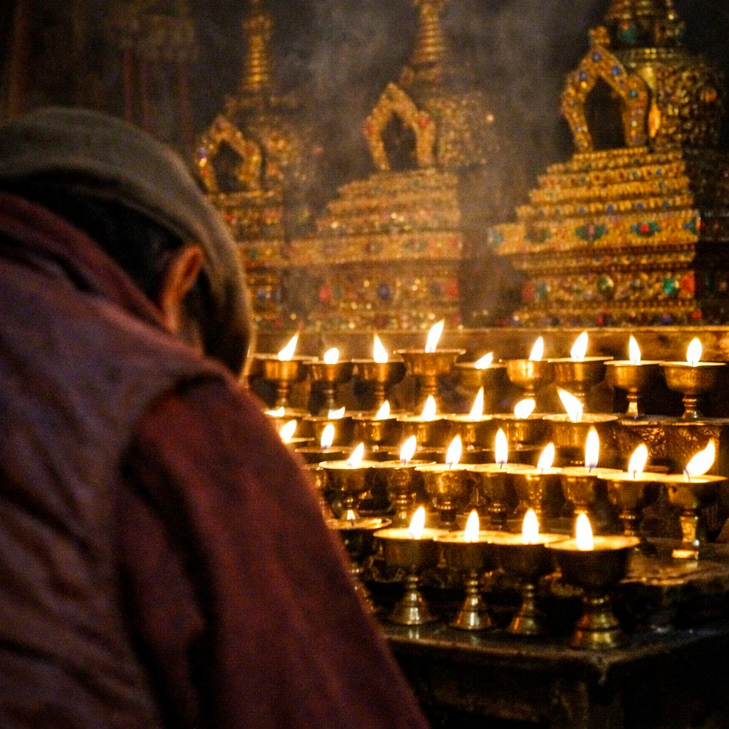 扎什倫布寺歷世班禪靈塔殿內部，酥油燈映照金塔，藏人俯身叩拜，昏暗殿堂中瀰漫酥油香氣，西藏藏傳佛教靈塔朝拜現場實拍。
